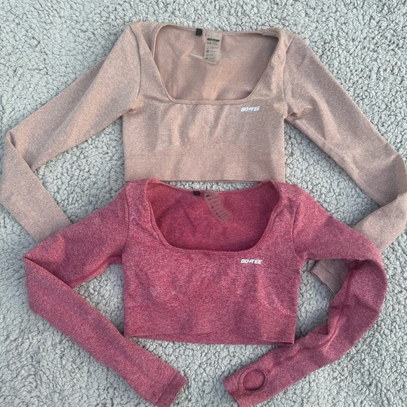 Two Long Sleeve Crop Tops - Pink and Tan - Picture 1 of 4